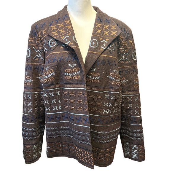 Coldwater Creek Jackets & Blazers - Coldwater‎ Creek Brown Embroidered Geometric Tribal Beaded Blazer Jacket Sz 20W